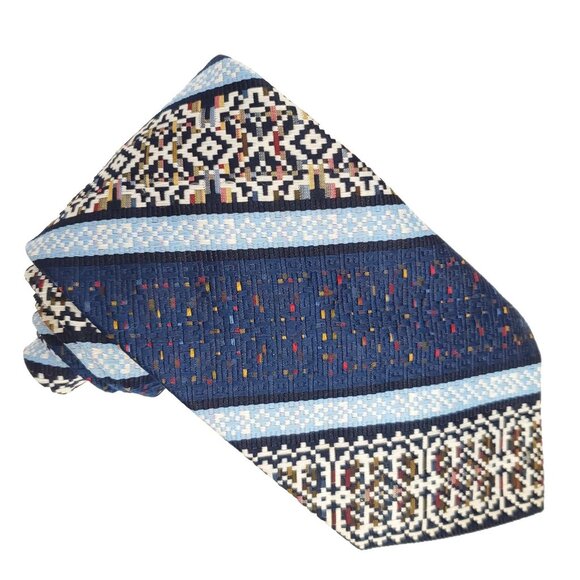 Vintage Superba Tie Blue Textured Woven Striped Geometric Aztec Bitmap Image - Picture 1 of 5